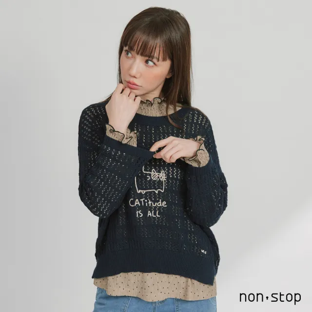 【non-stop】貓咪刺繡鏤空針織罩衫-2色