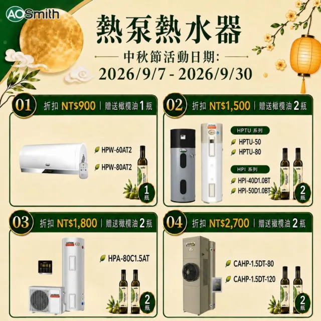 【A.O.Smith】AO史密斯 50加侖超節能熱泵熱水器 省電又省錢(HPI-50 超靜音 室內室外皆可安裝)