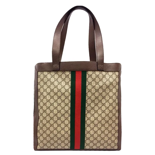 【GUCCI 古馳】779887經典GG LOGO綠紅綠織帶直立式肩背托特包(棕色)