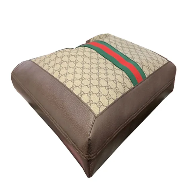 【GUCCI 古馳】779887經典GG LOGO綠紅綠織帶直立式肩背托特包(棕色)