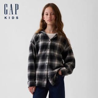 【GAP】兒童加大版連帽法蘭絨襯衫-灰色格紋(910778)