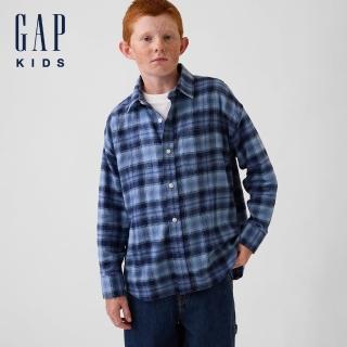 【GAP】兒童超寬鬆法蘭絨襯衫-藍色格紋(910131)