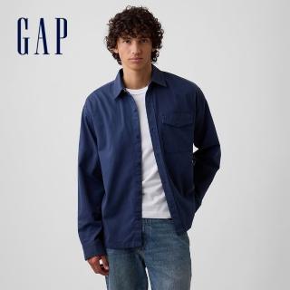 【GAP】寬版斜紋襯衫-復古深藍(909804)