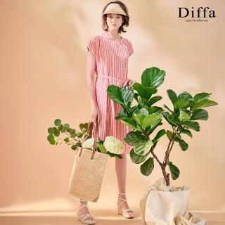 【Diffa】桃白條連袖綁帶連身洋裝-女