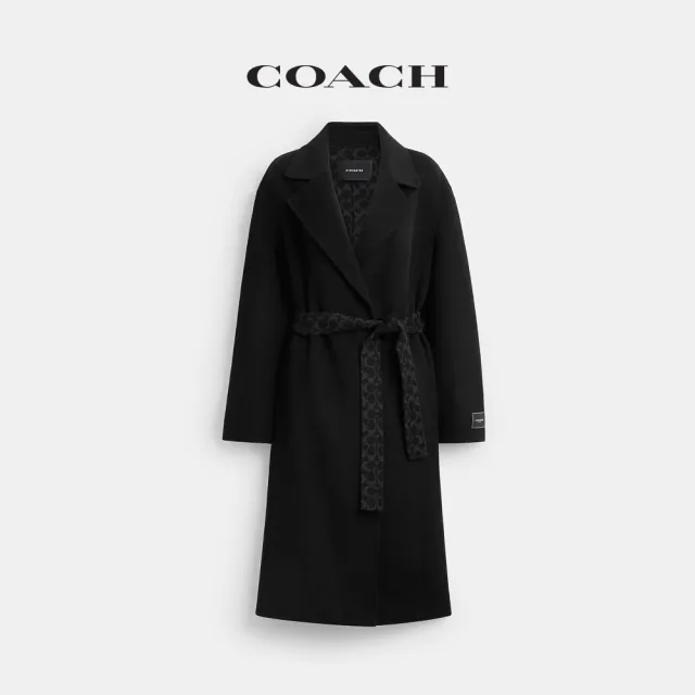 【COACH】蔻馳官方直營 皮帶羊毛長版大衣-黑色(CCA37)