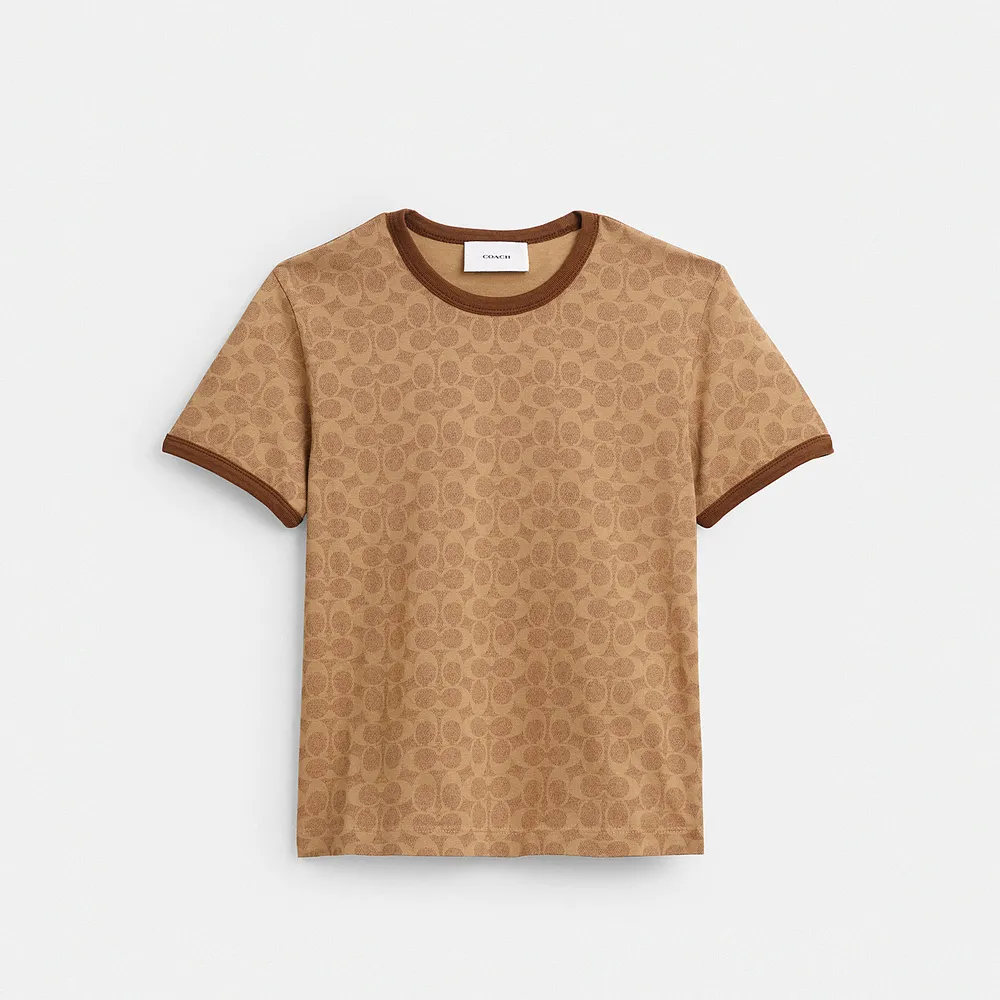 【COACH】蔻馳官方直營 經典 SIGNATURE 滾邊 T-SHIRT-棕黃色 經典 SIGNATURE(CCB98)