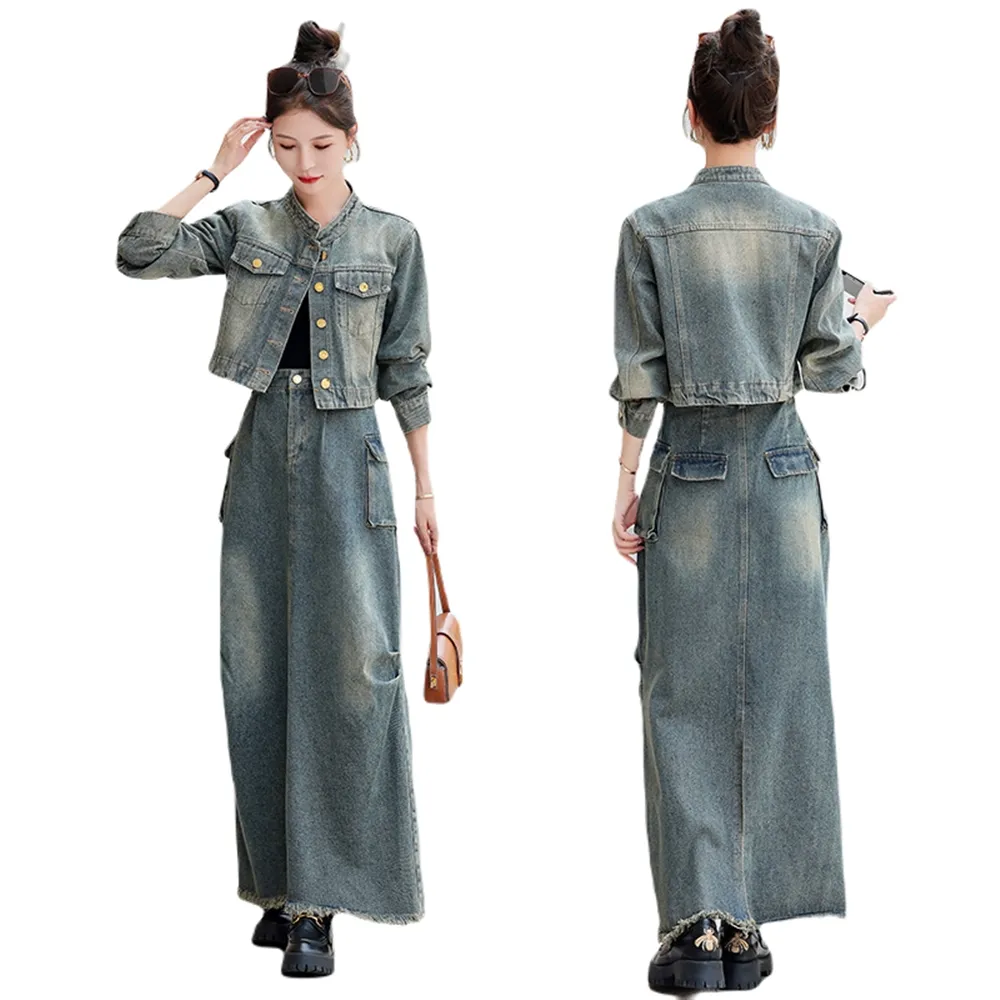 【米蘭精品】現貨+預購 牛仔套裝兩件套(丹寧外套休閒長裙女裝74fz54)