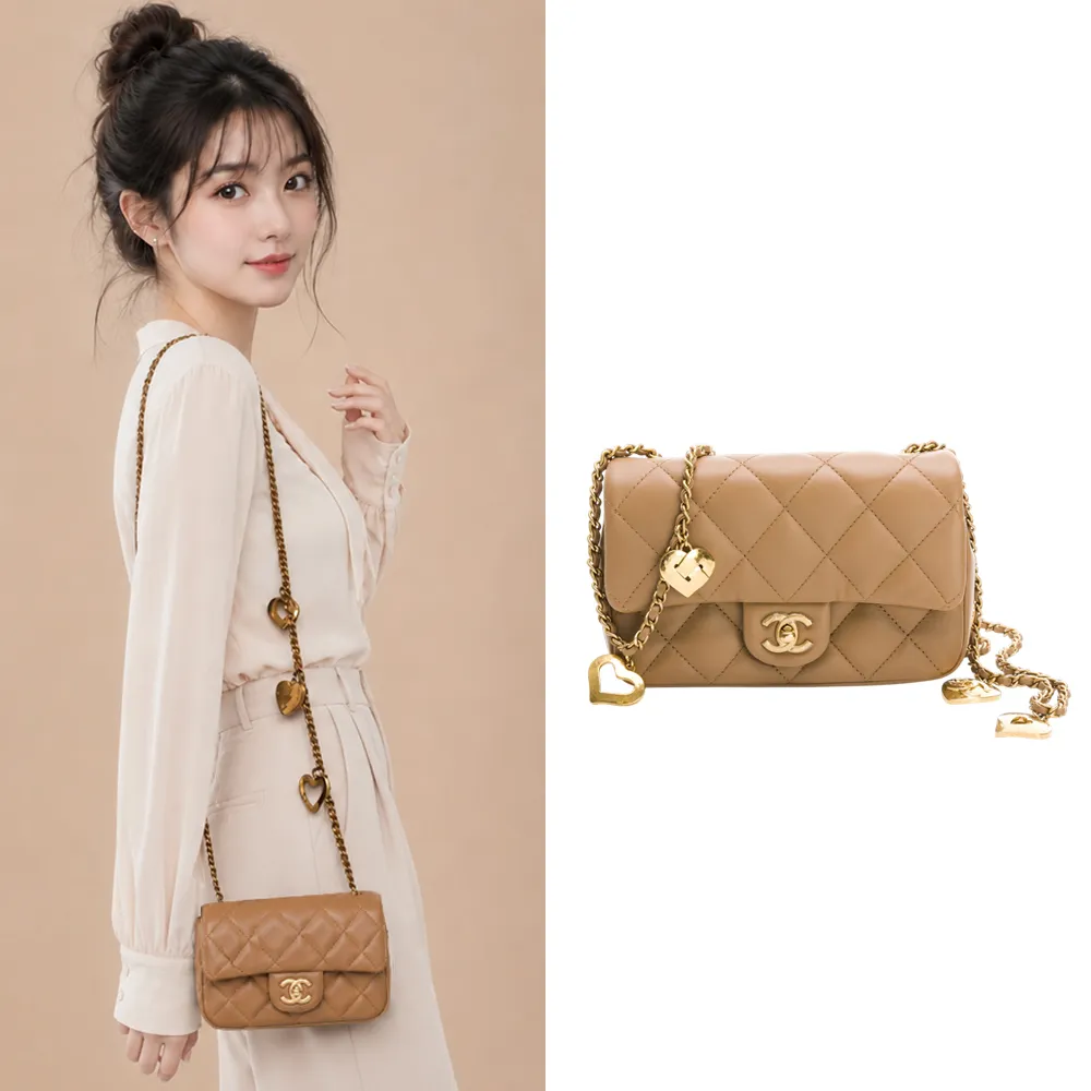 【CHANEL 香奈兒】Mini Flap bag (細紋/暗黃皮革色/金&暗黃皮革雙色愛心鏈帶)