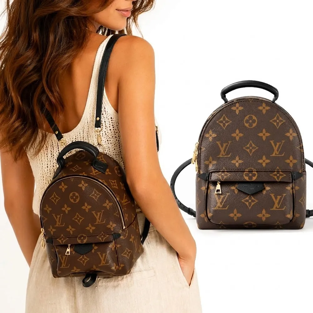 【Louis Vuitton 路易威登】Palm Springs Mini 帆布印花迷你後背包(黑X棕)