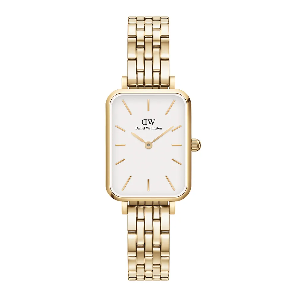 【Daniel Wellington】DW 手錶 Quadro Evergold 20X26 香檳金珠寶式錶鏈-白錶盤(DW00100622)