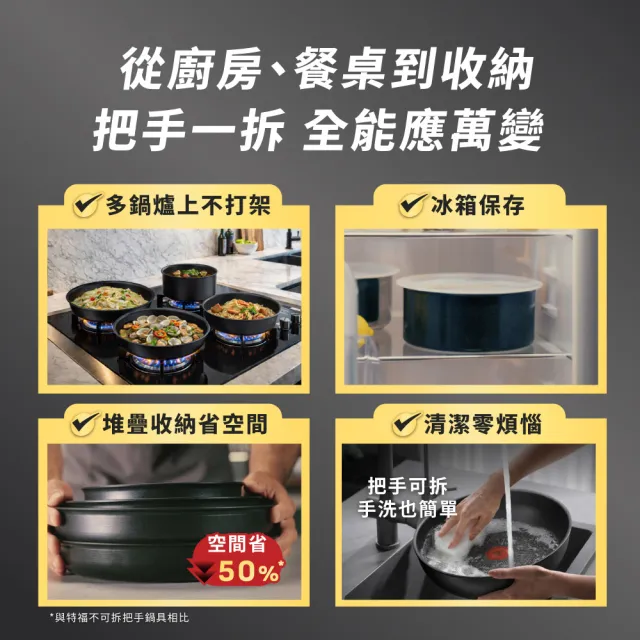【Tefal 特福】法國製精悍巧變精靈系列不沾鍋4件組-熔岩黑(適用電磁爐)