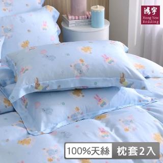 【HongYew 鴻宇】台灣製100%天絲 歐式壓框薄枕套2入-雲朵兔兔 藍(60支/300織)