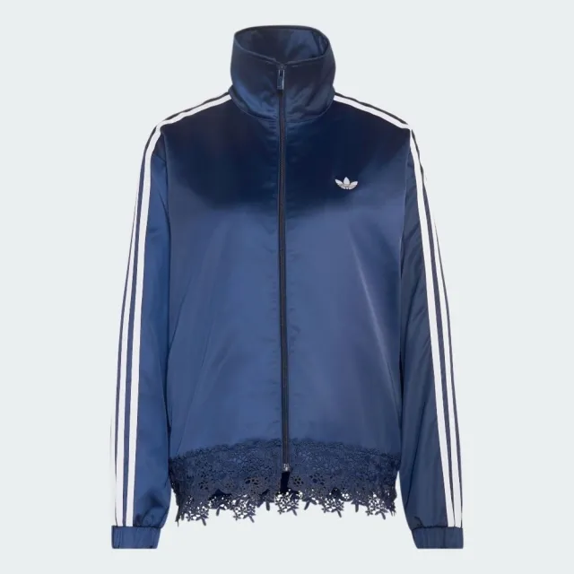 【adidas 愛迪達】Fb Sat Lace Tt 女 立領外套 運動外套 休閒穿搭 蕾絲下擺 深藍(LD1803)