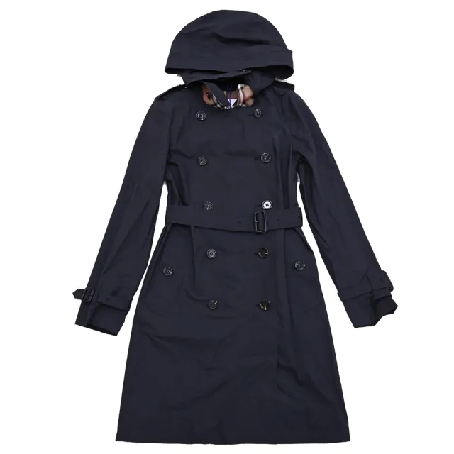 【BURBERRY 巴寶莉】英系內襯格紋雙排扣腰帶連帽風衣外套(黑)