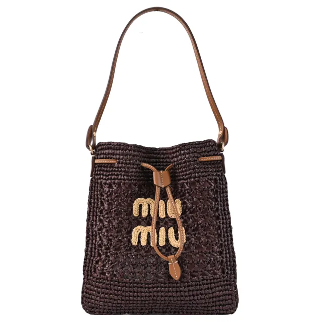 【MIU MIU】品牌LOGO絲質拉菲草編抽繩肩背包水桶包(可可棕)