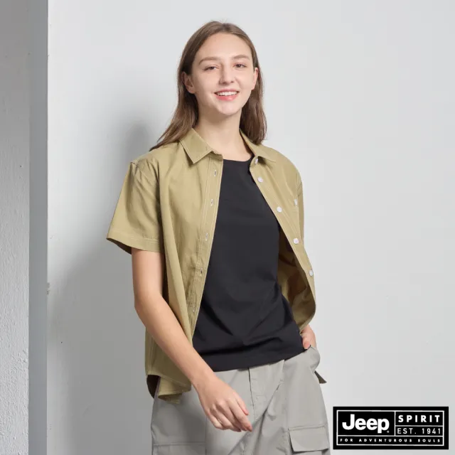 【JEEP】女裝 跳色壓線短袖襯衫(橄欖綠色)