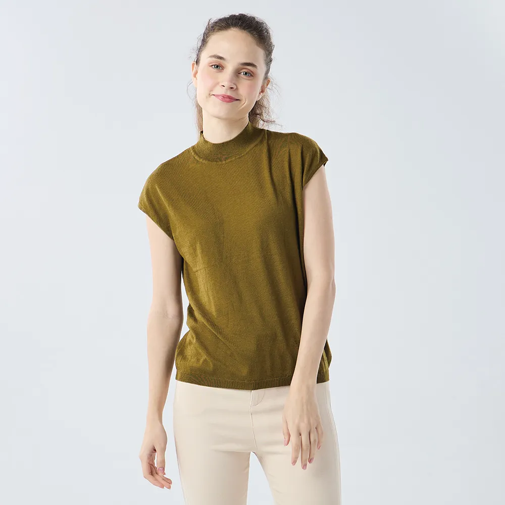 【Qiruo 奇若名品】秋冬專櫃針織短袖上衣0186A-70橄欖綠色小立領百搭