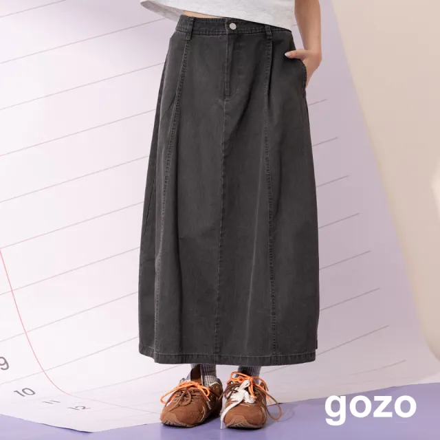 【gozo】水洗紋理後鬆緊打摺花苞裙(灰色/深灰)