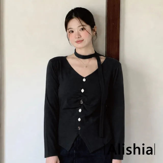 【Alishia】韓系V領修身抓皺鈕扣質感長袖上衣 中大碼款 打底衣 XL-4XL(米杏色 / 灰色 / 黑色)
