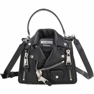 【MOSCHINO】Biker 騎士風皮衣造型羊皮手提 斜背包(黑x銀色 兩用包 真皮 肩背)