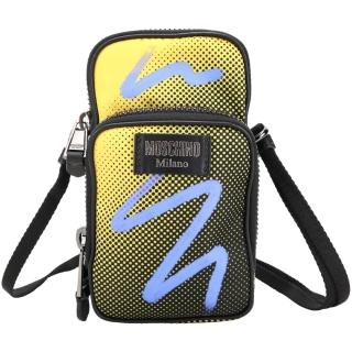 【MOSCHINO】撞色塗鴉風格斜背尼龍手機包(黃色 肩背 側背 隨身小包)