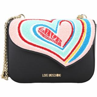 【MOSCHINO】LOVE MOSCHINO 毛呢彩虹愛心牛皮鍊帶翻蓋斜背包(黑色 肩背 鍊條包 真皮)