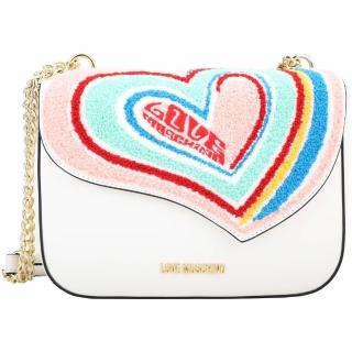 【MOSCHINO】LOVE MOSCHINO 毛呢彩虹愛心牛皮鍊帶翻蓋斜背包(白色 肩背 鍊條包 真皮)