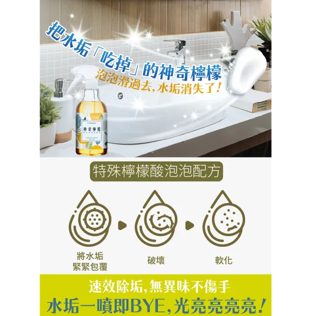 【古寶無患子】1+3入組 神奇檸檬泡沫除水垢清潔劑(噴瓶500gX1入+補充瓶500gX3入)