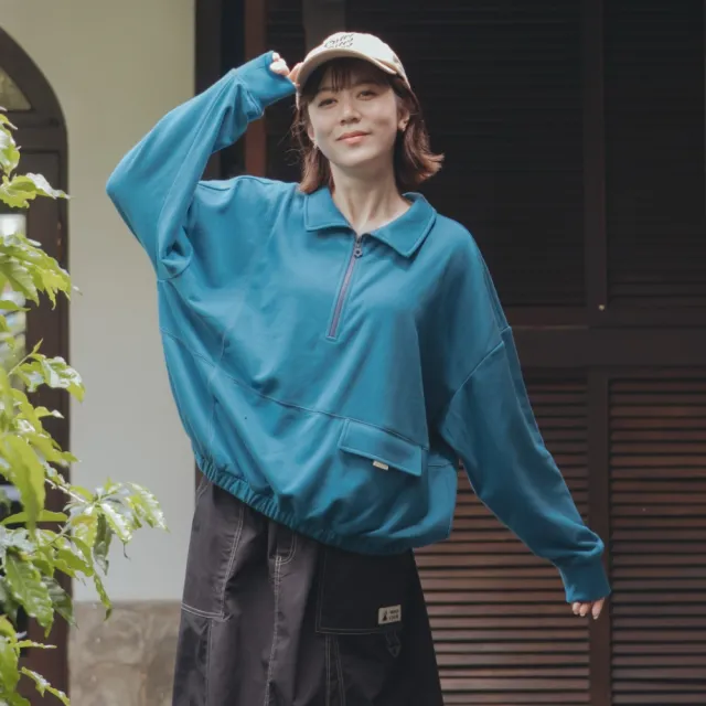 【MOSS CLUB】襯衫領半開拉鍊長袖棉T上衣 藍 黃
