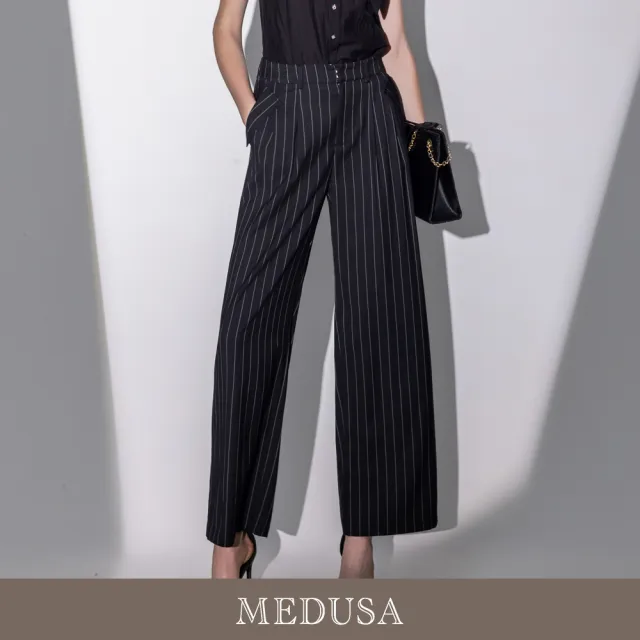 【MEDUSA 曼度莎】現貨-巴黎午茶 法式嫘縈直紋西裝長寬褲（M-XL）｜西裝褲穿搭 法式穿搭