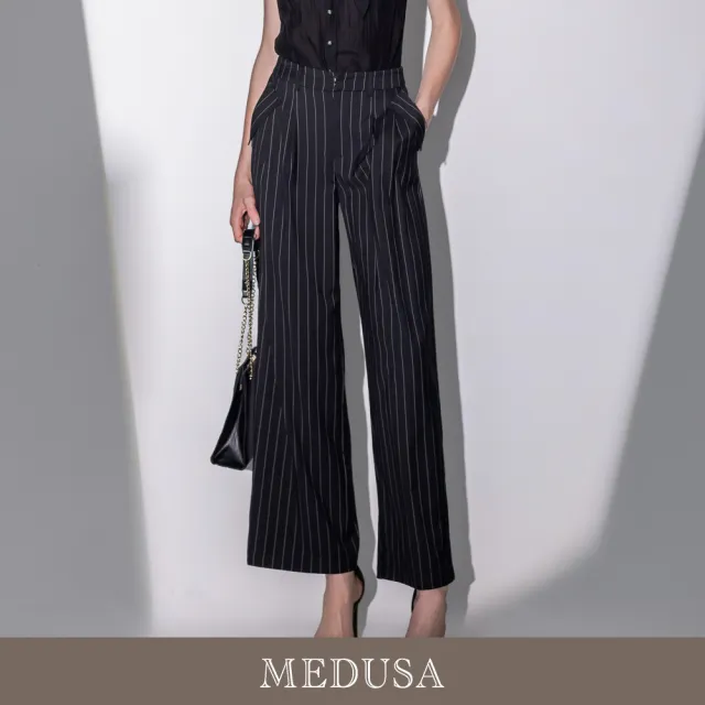 【MEDUSA 曼度莎】現貨-巴黎午茶 法式嫘縈直紋西裝長寬褲（M-XL）｜西裝褲穿搭 法式穿搭