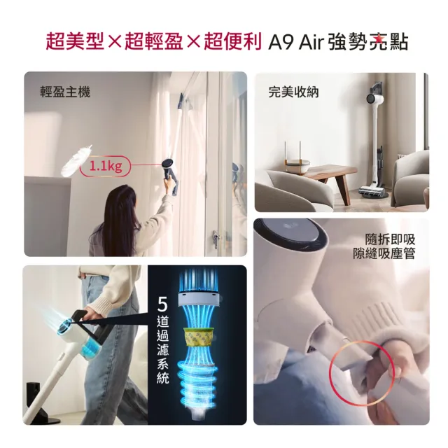 【LG 樂金】CordZero A9 Air濕拖無線吸塵器/乾吸濕拖x超輕盈x超美型xmomo獨家(A7-LITEMOP 雲朵白)