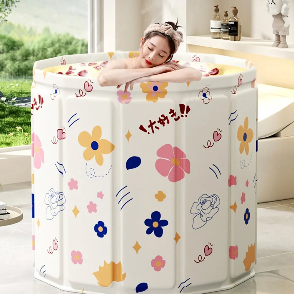 【媽媽咪呀】日式泡湯免安裝加厚折疊泡腳/泡澡桶80cm特大 附坐墊排水管(高密度板保溫摺疊泡澡桶 折疊浴缸)