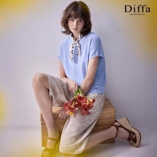 【Diffa】鬆緊腰綁帶葉脈印花七分褲-女