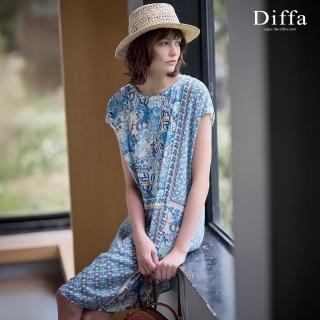 【Diffa】復古藍花連袖連身洋裝-女