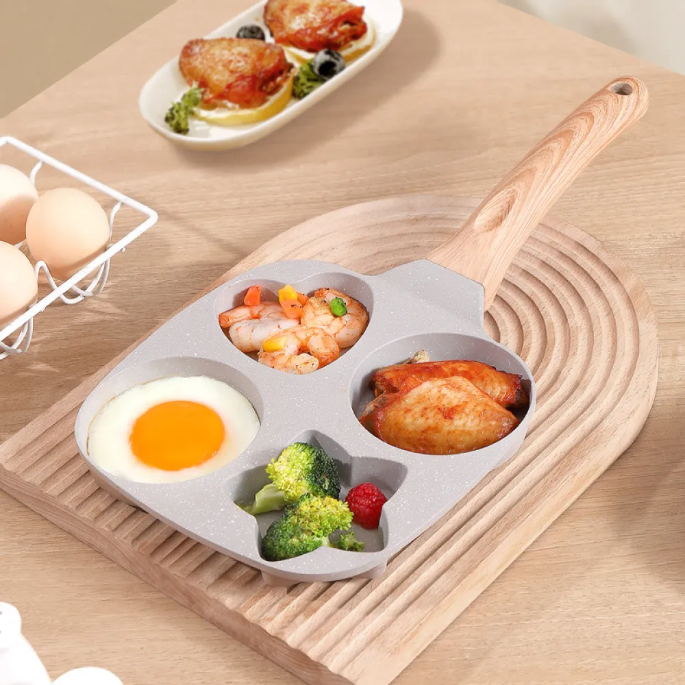 【鼎匠】升級雞蛋漢堡早餐煎鍋 4孔圓形愛心星形日月星辰麥飯石不沾平底鍋(米白四格煎荷包蛋模具IH電磁爐)