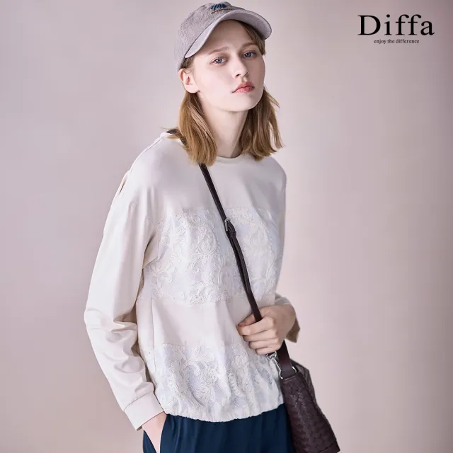 【Diffa】腰果花蕾絲拼接落肩長袖針織衫-女