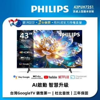 【Philips 飛利浦】家電快配★43型4K Google TV AI PQ智慧聯網液晶顯示器 (43PUH7251)