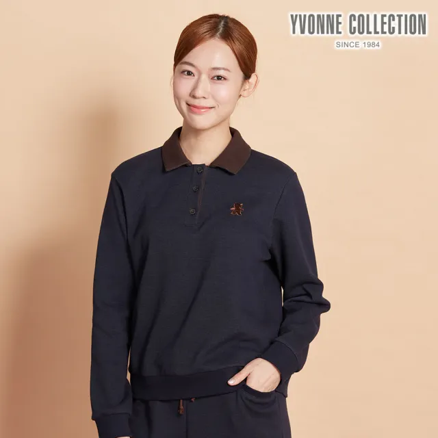 【YVONNE 以旺傢飾】伯恩熊繡花半開襟長袖上衣-深丈青