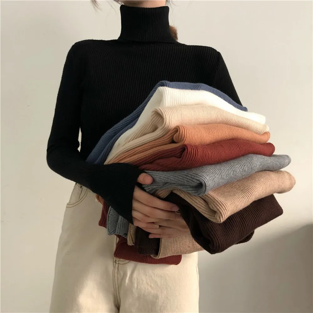 【D.studio】韓版高領彈性顯瘦長袖針織上衣(毛衣長袖上衣女裝衣服顯瘦上衣長袖t恤冬裝發熱衣素T W142)
