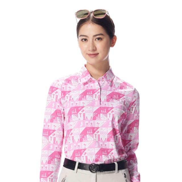 【Lynx Golf】女款吸濕排汗西洋棋印花長袖POLO衫/高爾夫球衫-桃紅色
