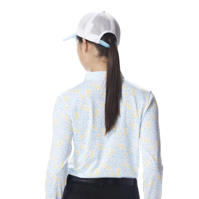 【Lynx Golf】女款吸濕排汗英文字母碎花風格長袖POLO衫/高爾夫球衫-水藍色