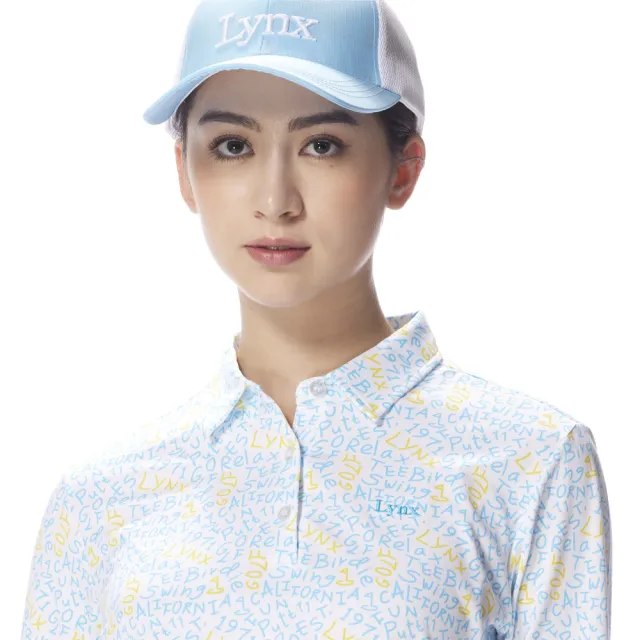 【Lynx Golf】女款吸濕排汗英文字母碎花風格長袖POLO衫/高爾夫球衫-水藍色