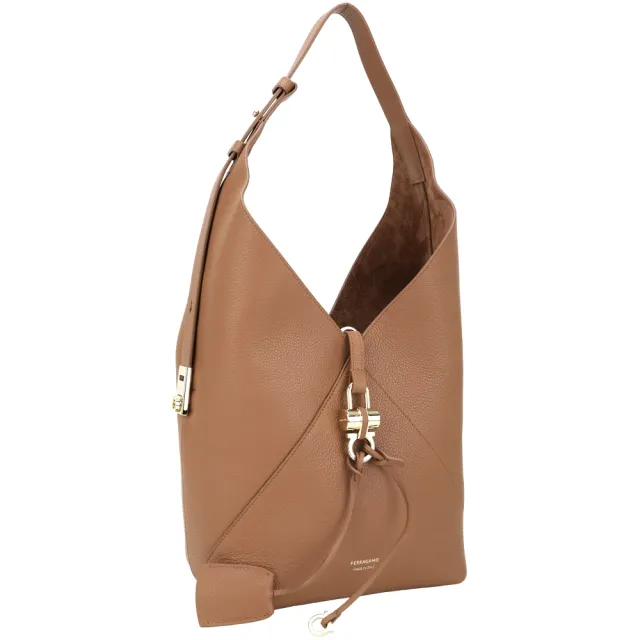 【Salvatore Ferragamo】Origami 小款 馬蹄吊飾 荔紋牛皮V型肩背Hobo包(棕色/附萬用包 流浪包)