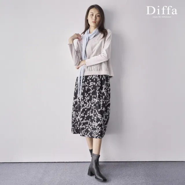 【Diffa】葉脈織紋壓褶異素材拼接長袖針織衫-女