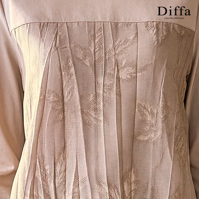 【Diffa】葉脈織紋壓褶異素材拼接長袖針織衫-女