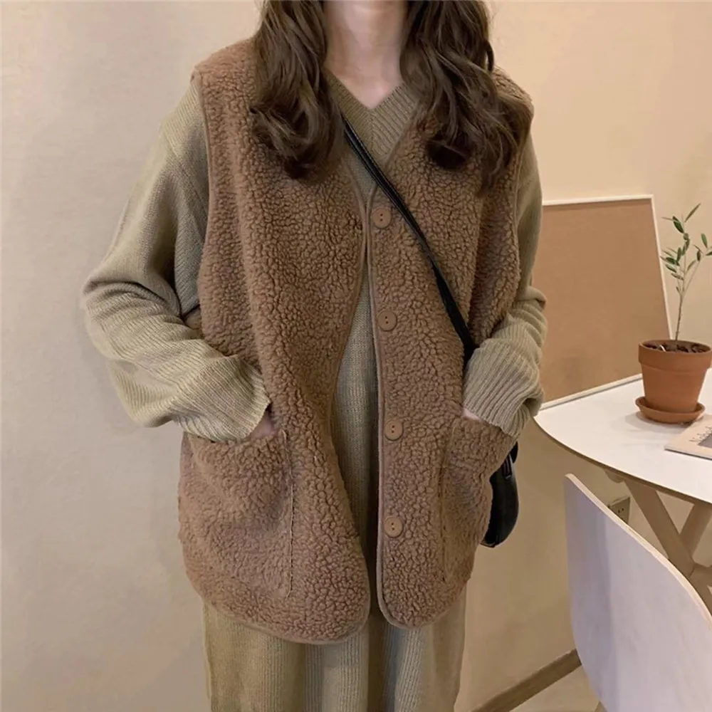 【D.studio】韓版復古仿羊羔毛背心外套(上衣女裝衣服外套背心毛毛外套 J153)