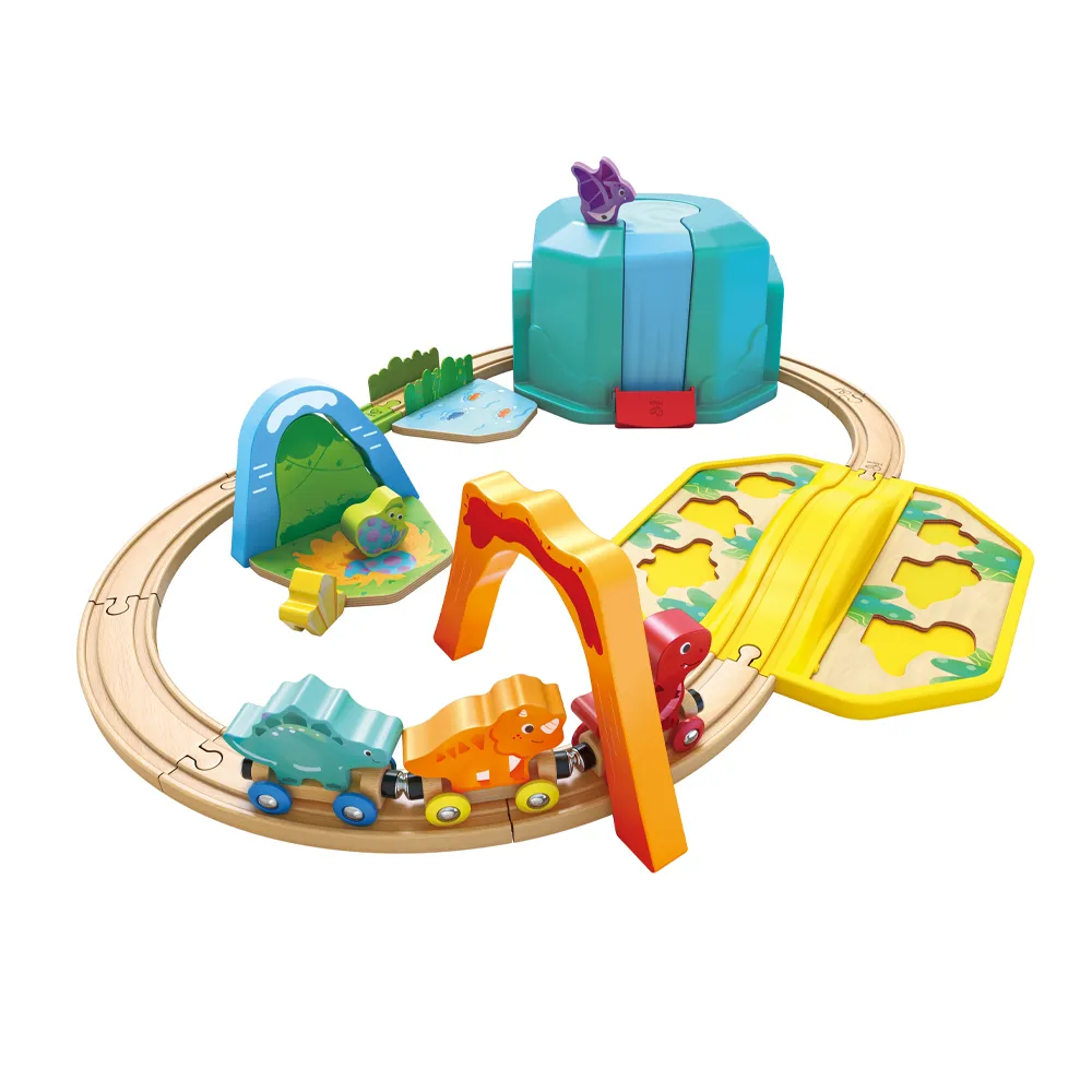 【Hape】恐龍世界火車軌道組/玩具盒27件組_附收納箱(軌道遊戲/家家酒玩具/木製玩具/木頭玩具)