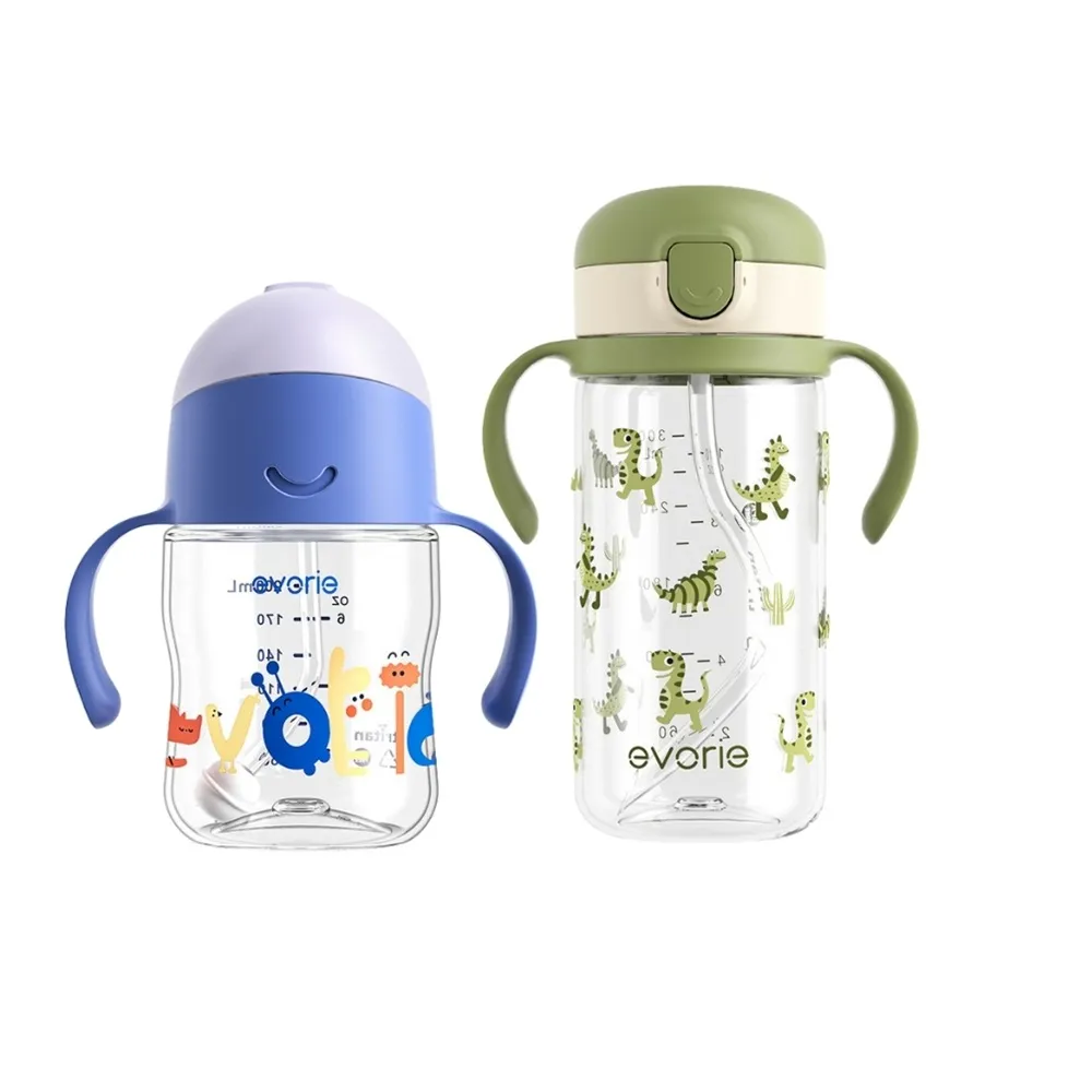 【Evorie】Tritan 200mL300mL雙色學飲吸管水杯組 (總代理公司貨/微笑水杯)