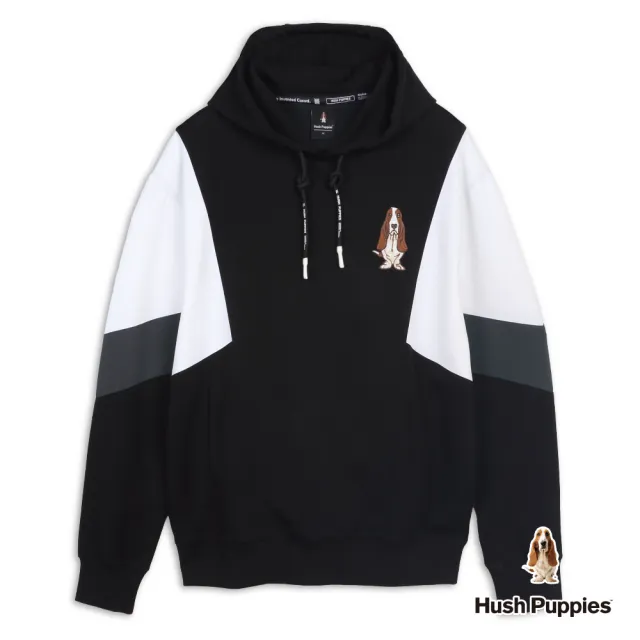 【Hush Puppies】男裝 帽T 剪接運動風寬版帽T (黑色 / 64102105)